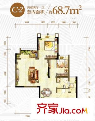 隆鑫天雨方戶型圖一期9棟標(biāo)準(zhǔn)層C-2戶型 2室2廳1衛(wèi)1廚