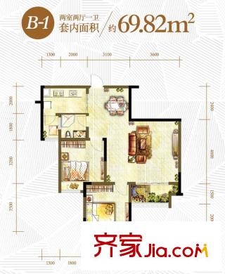 隆鑫天雨方戶型圖一期9、10棟標(biāo)準(zhǔn)層B-1戶型 2室2廳1衛(wèi)1廚
