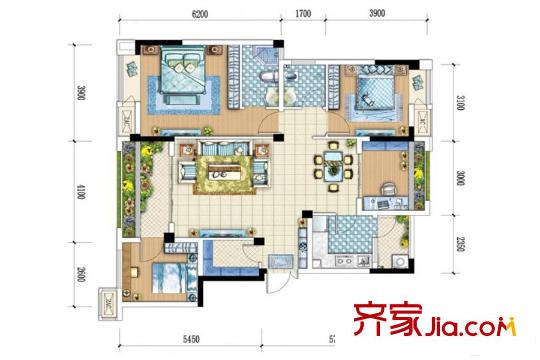 康田蔚藍(lán)海C區(qū)6、7幢洋房標(biāo)準(zhǔn)層C戶型 3室2廳2衛(wèi)1廚