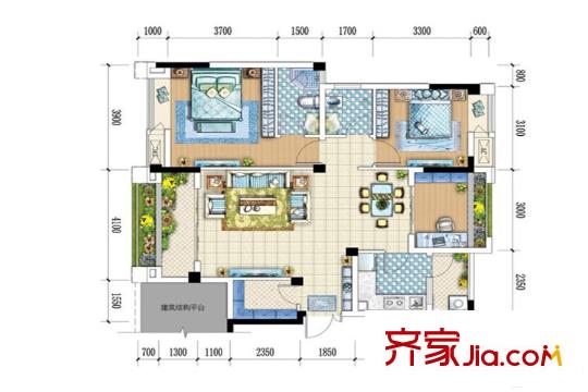 康田蔚藍(lán)海C區(qū)6、7幢洋房標(biāo)準(zhǔn)層B戶型 2室2廳2衛(wèi)1廚