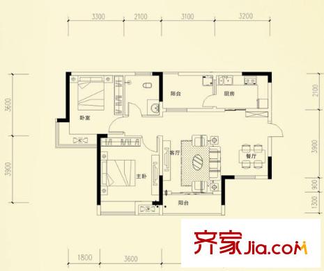 保利康橋戶型圖C1戶型 2室2廳1衛(wèi)1廚