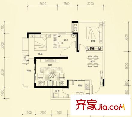 保利康橋戶型圖B2戶型 2室2廳1衛(wèi)1廚