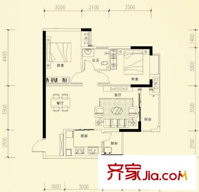 保利康橋戶型圖B1戶型 2室2廳1衛(wèi)1廚