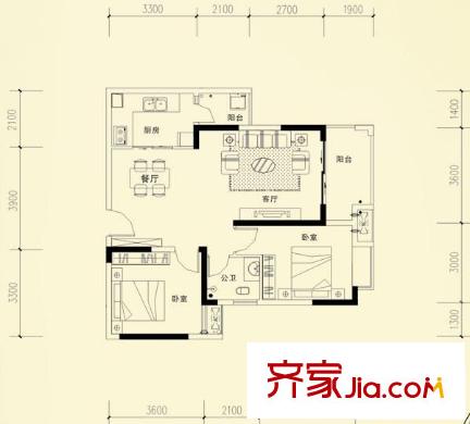 保利康橋戶型圖A戶型 2室2廳1衛(wèi)1廚