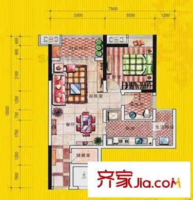 融僑諾丁陽光戶型圖6、7號(hào)樓-B1 1室2廳1衛(wèi)1廚