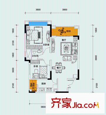愛加西西里戶型圖二期8號(hào)樓標(biāo)準(zhǔn)層D4戶型 2室2廳1衛(wèi)1廚