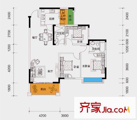 愛加西西里戶型圖二期10號(hào)樓標(biāo)準(zhǔn)層E4戶型 3室2廳2衛(wèi)1廚
