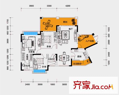 愛加西西里戶型圖二期7-8號樓標(biāo)準(zhǔn)層E1戶型 3室2廳2衛(wèi)1廚