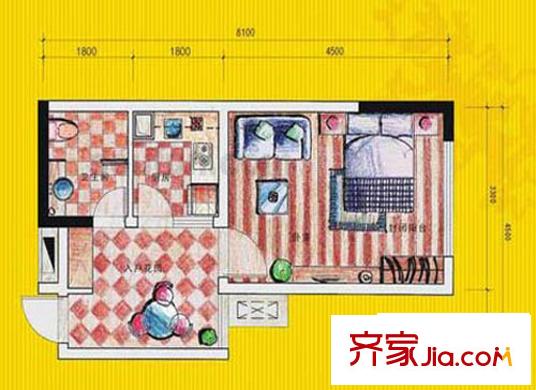 融僑諾丁陽光戶型圖1號樓-D2-單間配套 1室1廳1衛(wèi)1廚