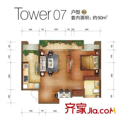 重慶天地雍江藝庭戶型圖三期7號(hào)樓標(biāo)準(zhǔn)層2戶型 1室2廳1衛(wèi)1廚