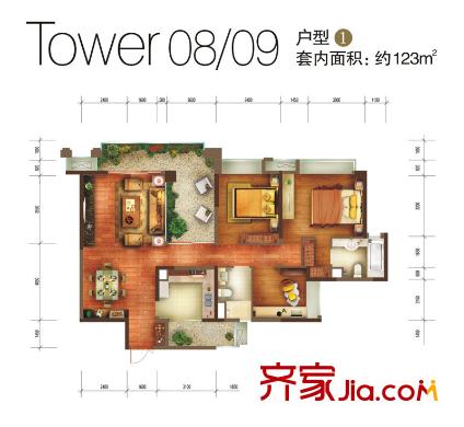重慶天地雍江藝庭戶型圖三期08、09號(hào)樓標(biāo)準(zhǔn)層1戶型 3室2廳2衛(wèi)1廚