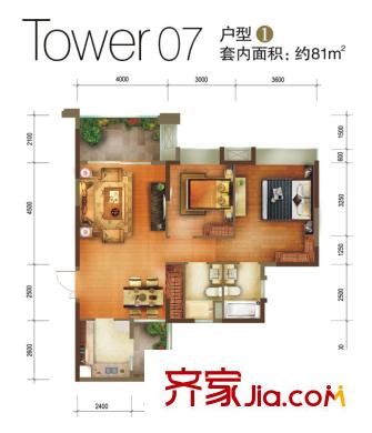 重慶天地雍江藝庭戶型圖三期7號樓標準層1戶型 2室2廳2衛(wèi)1廚