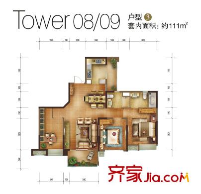 重慶天地雍江藝庭戶型圖三期08、09號樓標準層3戶型 3室2廳2衛(wèi)1廚