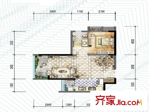 中交麗景一期1、7號樓標(biāo)準(zhǔn)層B08戶型 1室2廳1衛(wèi)1廚