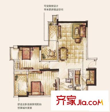 融匯溫泉城A區(qū)戶型圖9號樓院館三房 3室2廳1衛(wèi)1廚