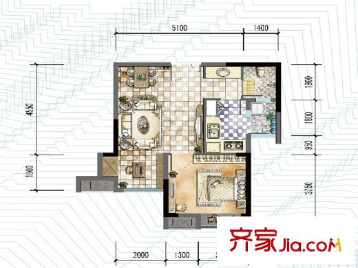 中交麗景一期1、7號樓標(biāo)準(zhǔn)層B05戶型 1室2廳1衛(wèi)1廚