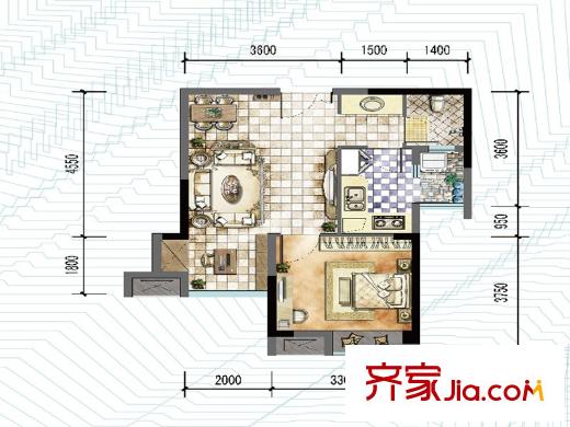 中交麗景一期1、7號樓標(biāo)準(zhǔn)層B02戶型 1室2廳1衛(wèi)1廚