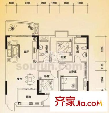 奧林匹克花園七期紫楓郡 3室 戶型圖