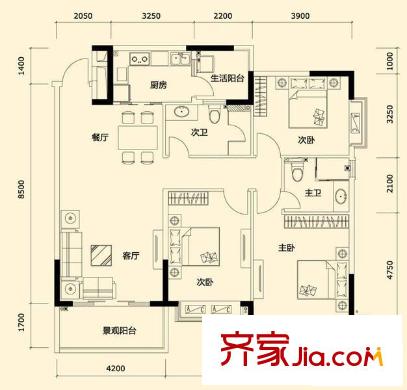 恒大都市廣場一期7/10/13-15/17/19/20-24標準層B戶型 3室2廳2衛(wèi)1廚