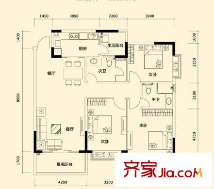 恒大都市廣場一期7/10/13-15/17/19/20-24標準層A戶型 3室2廳2衛(wèi)1廚