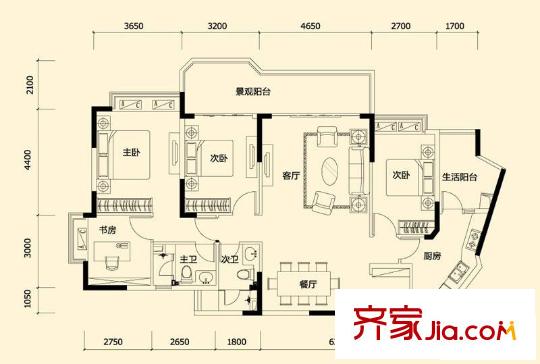 恒大都市廣場一期7/10/13-15/17/19/20-24標準層D戶型 4室2廳2衛(wèi)1廚