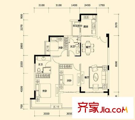 恒大都市廣場一期7/10/13-15/17/19/20-24標準層C戶型 3室2廳2衛(wèi)1廚