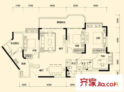 恒大都市廣場一期7/10/13-15/17/19/20-24標準層B戶型 4室2廳2衛(wèi)1廚