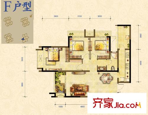 萬(wàn)科錦程戶型圖一期12/13/14/20號(hào)樓標(biāo)準(zhǔn)層F戶型 3室2廳1衛(wèi)1廚