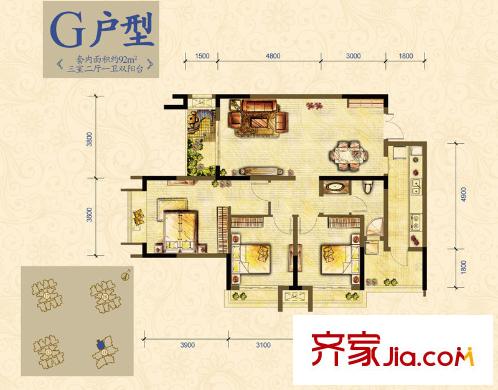 萬(wàn)科錦程戶型圖一期12/13/14/20號(hào)樓標(biāo)準(zhǔn)層G戶型 3室2廳1衛(wèi)1廚