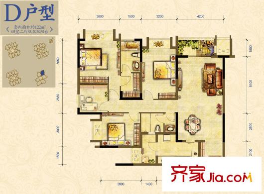 萬(wàn)科錦程戶型圖一期12/13/14/20號(hào)樓標(biāo)準(zhǔn)層D戶型 4室2廳2衛(wèi)1廚