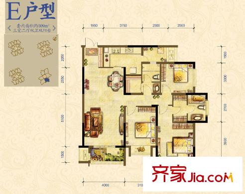 萬(wàn)科錦程戶型圖一期12/13/14/20號(hào)樓標(biāo)準(zhǔn)層E戶型 3室2廳2衛(wèi)1廚