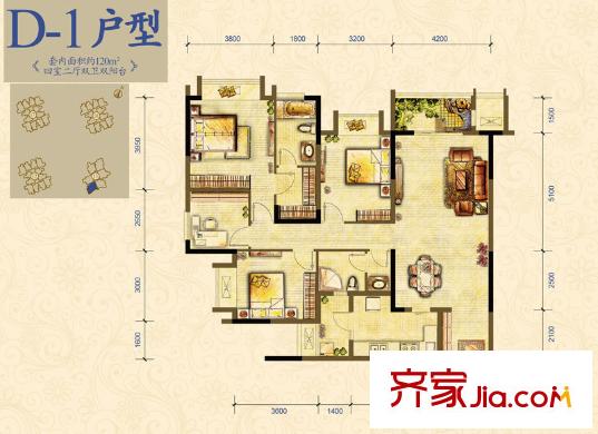 萬(wàn)科錦程戶型圖一期12/13/14/20號(hào)樓標(biāo)準(zhǔn)層D-1戶型 4室2廳2衛(wèi)1廚