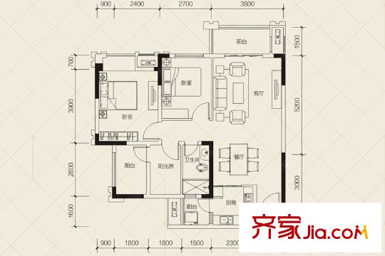 金科中央御院華府洋房標(biāo)準(zhǔn)層G1戶型 2室1廳1衛(wèi)1廚