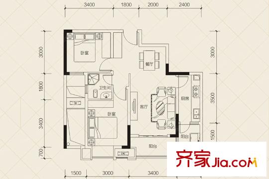 金科中央御院華府洋房標(biāo)準(zhǔn)層G3戶型 2室2廳1衛(wèi)1廚