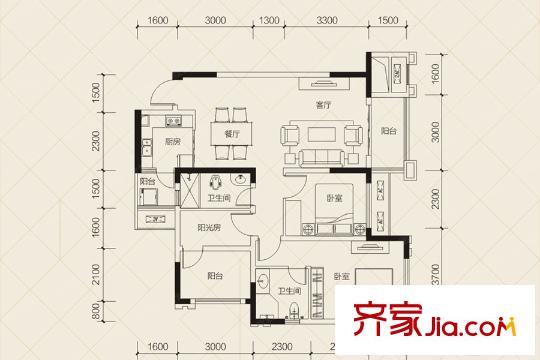 金科中央御院華府洋房標(biāo)準(zhǔn)層G2戶型 2室2廳1衛(wèi)1廚