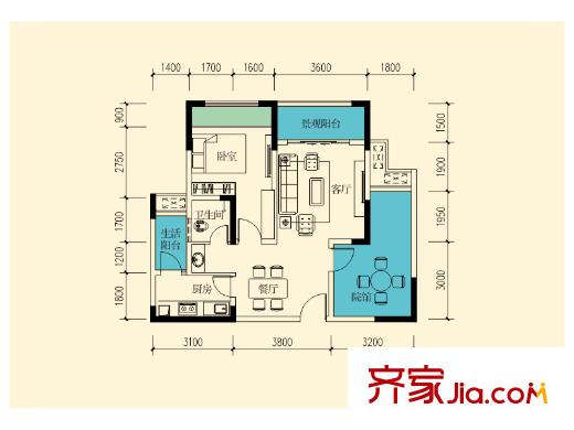 東邦城市花園六期1/2/3/5/6/7號樓標準層C戶型 1室2廳1衛(wèi)1廚