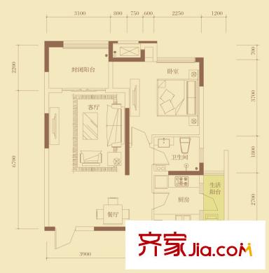 融創(chuàng)御錦戶型圖1期1/2號樓G戶型(標(biāo)準(zhǔn)層) 1室2廳1衛(wèi)1廚