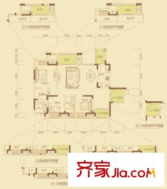 融創(chuàng)御錦戶型圖1期3-3號樓4-21層J號房 3室2廳2衛(wèi)1廚