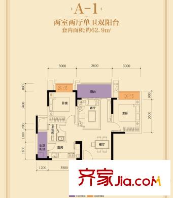 融創(chuàng)御錦戶型圖二期1-7號樓標(biāo)準(zhǔn)層A-1戶型 2室2廳1衛(wèi)1廚