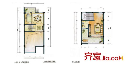 太湖緣戶型圖3、6、9、13、14#B-2戶型夾層及閣樓 5室2廳5衛(wèi)1廚