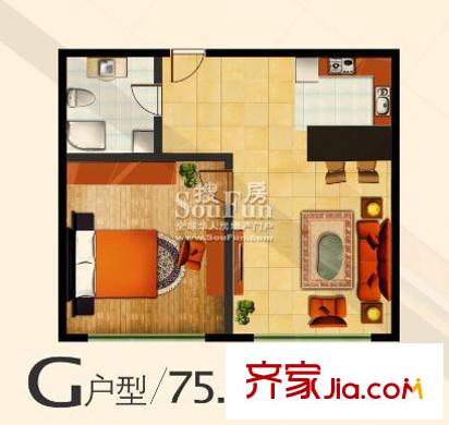 鄰蠡中心戶型圖G戶型75.3平米 1室1廳1衛(wèi)1廚