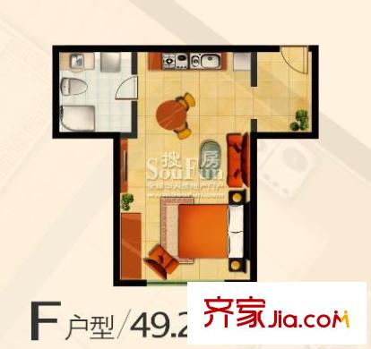 鄰蠡中心戶型圖F戶型49.2平米 1室1廳1衛(wèi)1廚