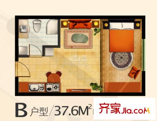 鄰蠡中心戶型圖B戶型37.6平米 1室1廳1衛(wèi)1廚