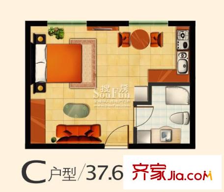 鄰蠡中心戶型圖C戶型37.6平米 1室1廳1衛(wèi)1廚