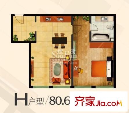 鄰蠡中心戶型圖H戶型80.6平米 1室2廳1衛(wèi)1廚