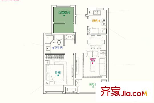萬(wàn)科北宸之光1#高層標(biāo)準(zhǔn)層68平方米戶型 2室1廳1衛(wèi)1廚