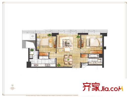 圓融星座公館標(biāo)準(zhǔn)層C2戶型圖 2室2廳1衛(wèi)1廚