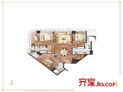 圓融星座公館標(biāo)準(zhǔn)層B2戶型 3室2廳2衛(wèi)1廚