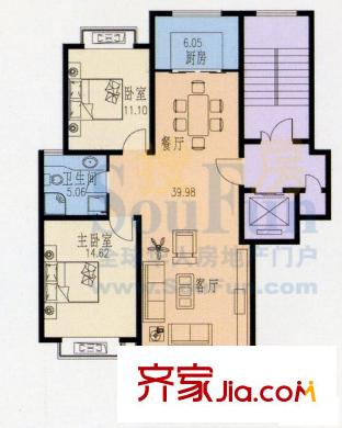 書香國際戶型圖戶型C 2室2廳1衛(wèi)1廚