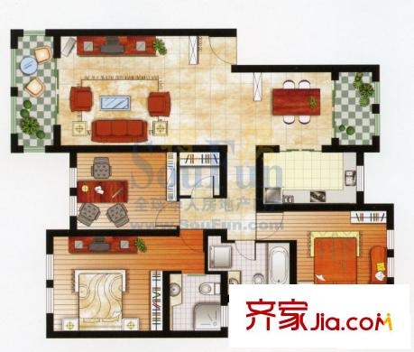 棕櫚灣山莊戶型圖E1 3室2廳2衛(wèi)1廚